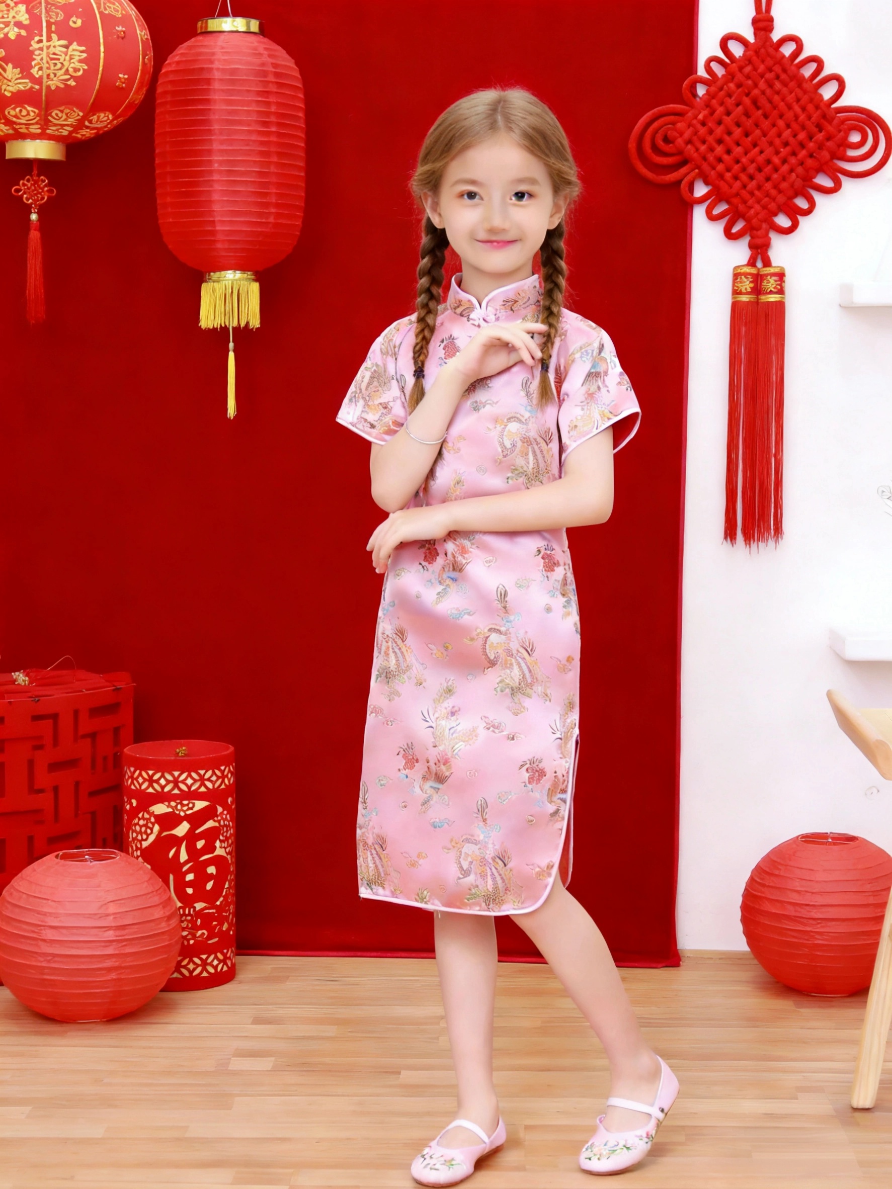 Lunar New Year Girls' Qipao, Vibrant Color Dress, Beautiful Spring Festival  Greeting Outfit, Chinese Size, Please Check The Size Guide *