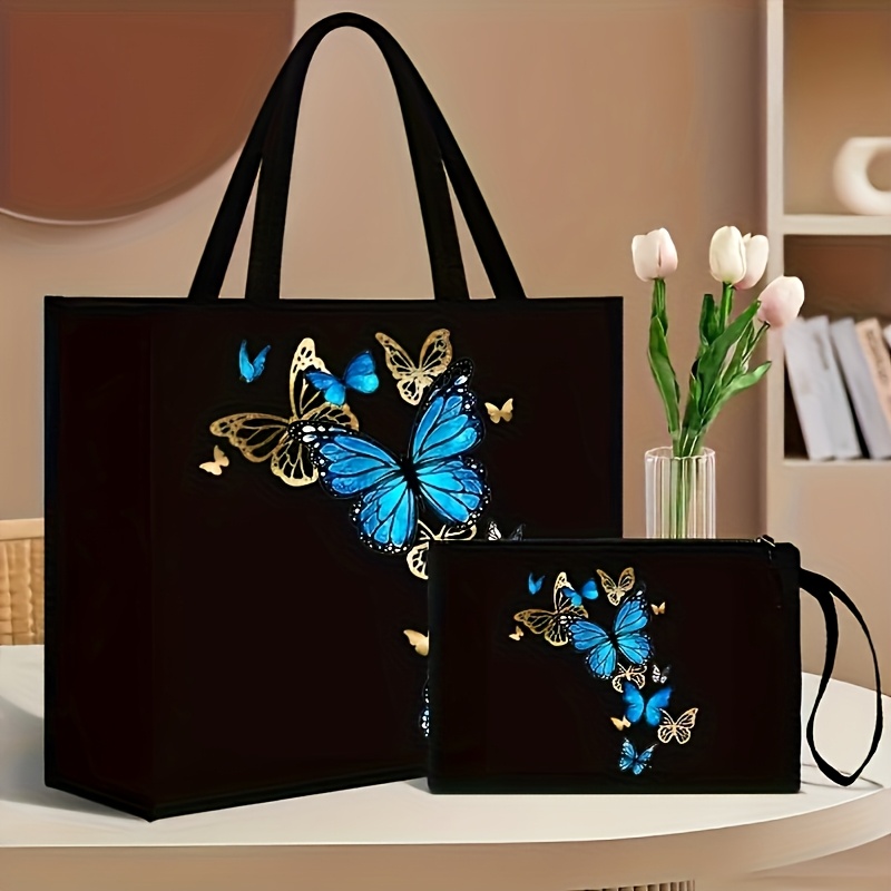 

Stylish 2pcs Handbag Set, With Matching Clutch Bag, And Floral Print Canvas Tote, Magnetic Closure, Polyester Shoulder Strap, Foldable, Non-washable, Geometric Pattern - Shopping And Travel