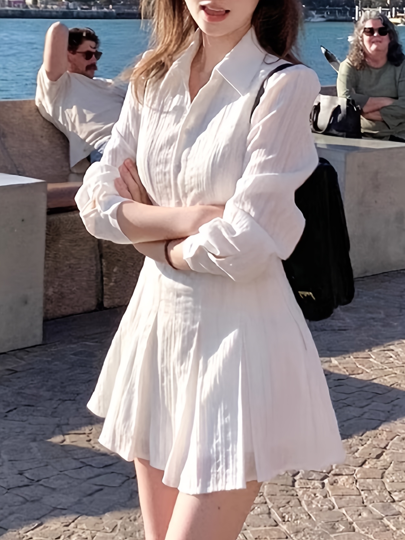 Petite Button Front White Dress Women's Elegant White Collar Shirt Dress  *-Fit Midi Length Pleated