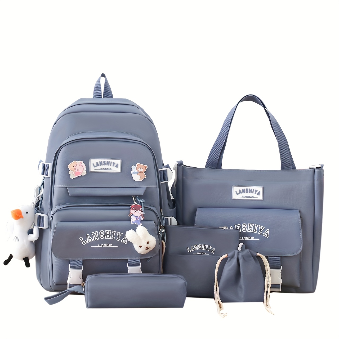 Juego de 5 mochilas sólidas, bolso cruzado grande con capacidad amplia, monedero sencillo, bandolera ligera para estudiantes, incluye llavero pato y 3 conejitos - Imagen 7