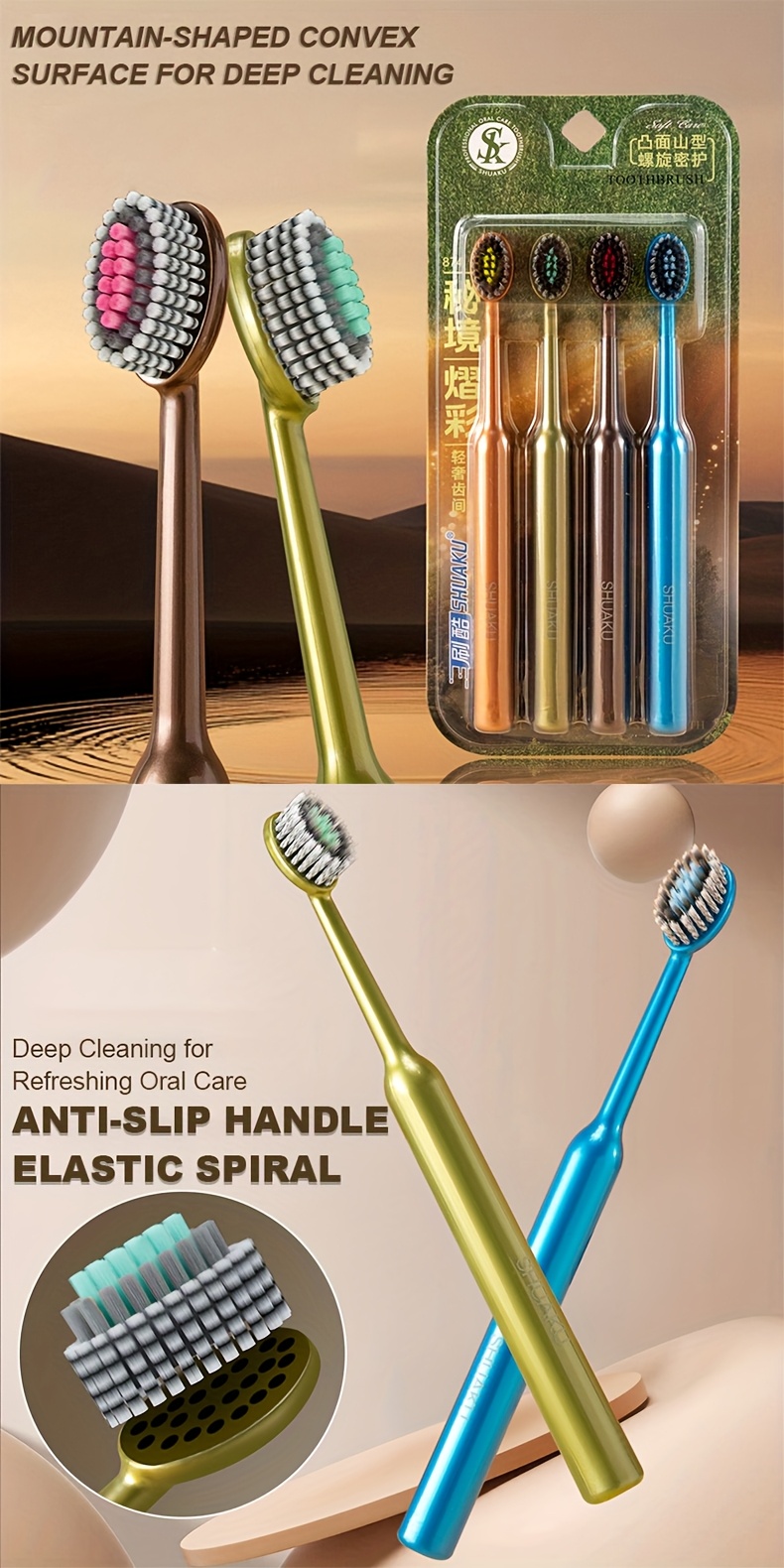 4pcs/8pcs, 4 Colores de Cepillo de Dientes Manual para Adultos con Cerdas Suaves, Cabeza de Cepillo Triple Zona en Forma de Montaña Convexa, Suave y Fácil de Usar, Mango de Lujo Ligero, Antideslizante, Esencial para la Limpieza Profunda y el Cuidado de las Encías y la Cavidad Oral