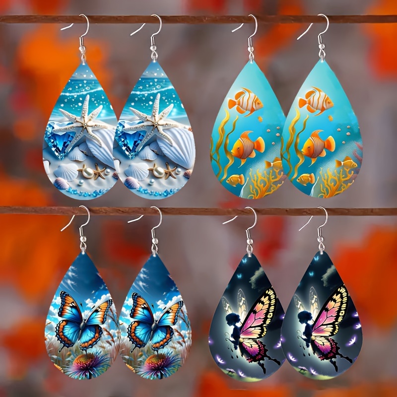 

4 Pairs Of Fashionable Wooden Water Droplet Shaped Beach And Butterfly Colored Double-sided Printed Pendant Earrings, Personalized, Cute And Versatile Jewelry Holiday Gifts