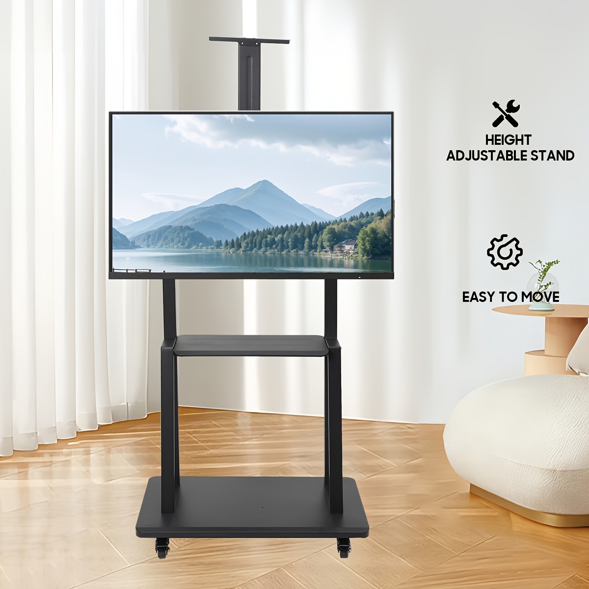 Image of Heavy-duty Mobile Tv Stand With Wheels Compatible For 32-75 Inch Tvs, Adjustable Height Portable Tv Cart With Laptop & Dvd Shelf, Frame Rolling Stand For Screens, Space- Tv Cart (for Theater,, Events)
