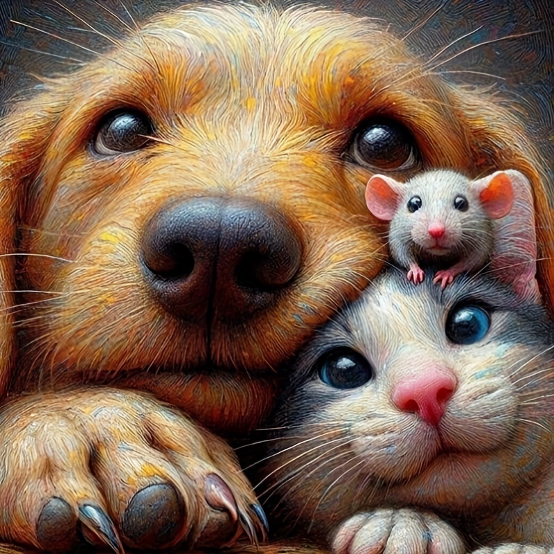 

Diy 5d Diamond Painting Kit "cats, Dogs & Mouse" - Full Drill Round Diamond Art Embroidery Craft For Wall Decor, Perfect Gift - Major Material: Canvas