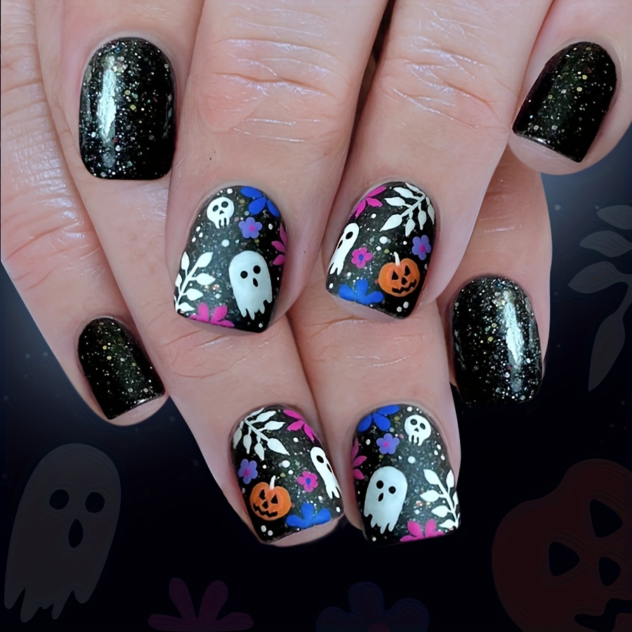 TEMU 48pcs Short Glazed Square Nails With Halloween Cartoon Dark , , Flower, Pumpkin And Simple Glitter Suitable For Any Occasion, The For Gifts And Comes With Nail Art Tools.