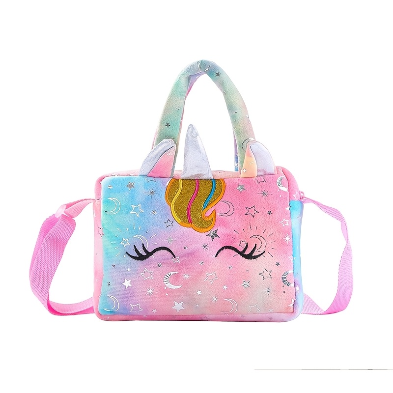 Image of Unicorn Tie-dye Plush Shoulder Bag, Colorful Girl Crossbody Bag, Cute Shoulder Storage Bag, Squint- Small Square Bag, Princess Gift, For Teenager