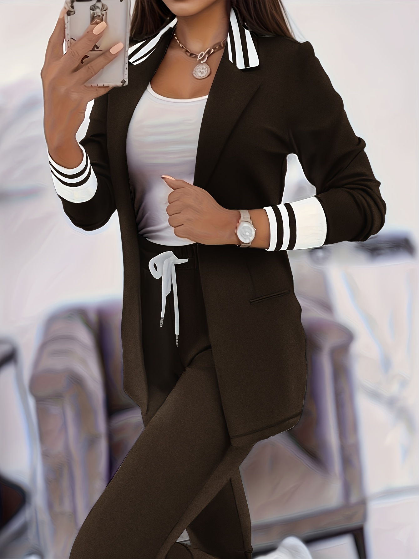 Targeted Development 2024 Fashionable and Elegant Solid Color Casual Street Striped Suit and Pants Set