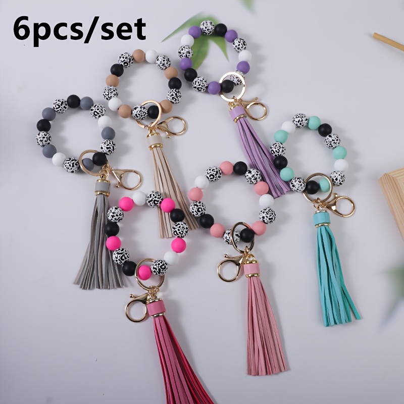 TEMU 5-6pcs Vibrant Leopard Print And Polka Dot Beaded Keychain Wristband Fringe Charm Fashion Bag Accessories And Car Key Pendant, Ideal Gift For