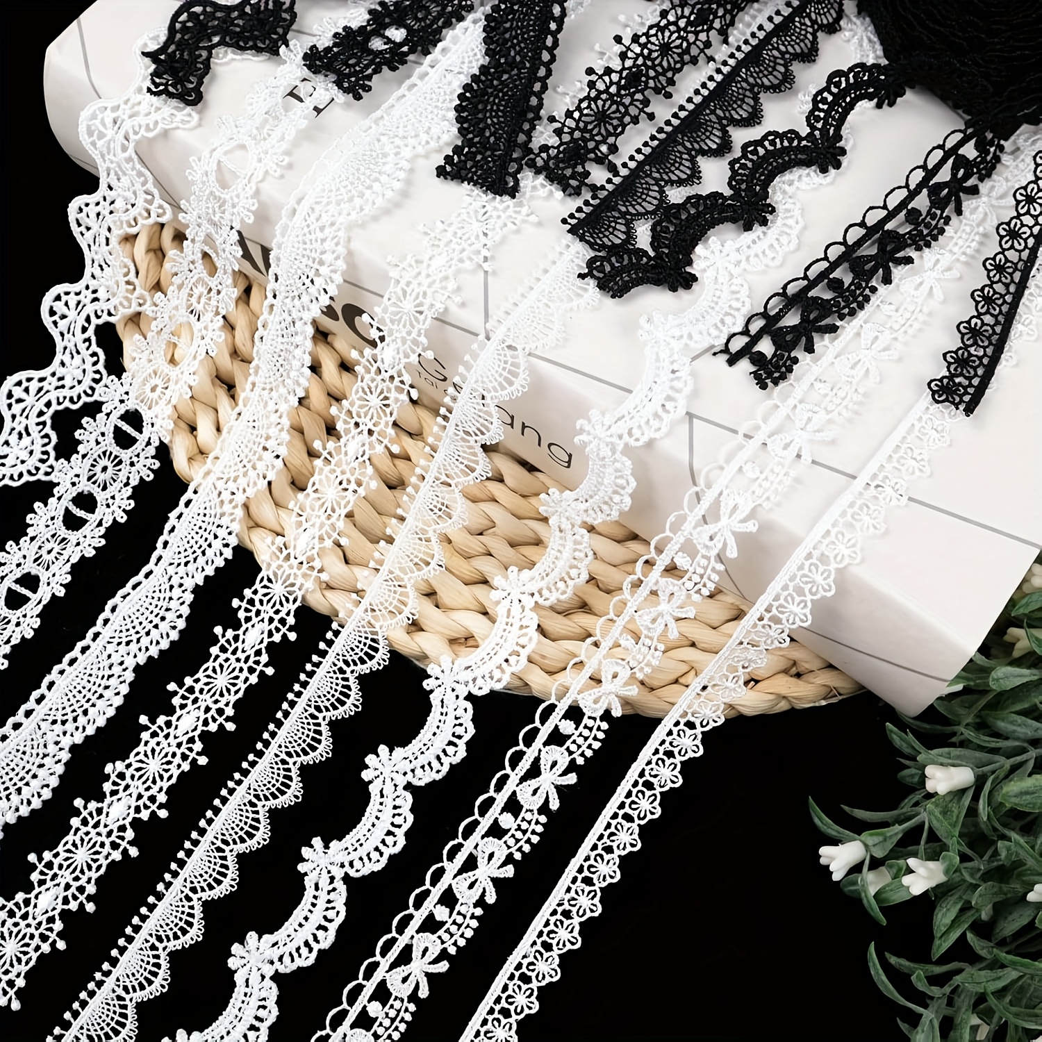 TEMU Decorative Trim Ribbon Collection, Black And White, Floral Pattern, Vintage Embellishments
