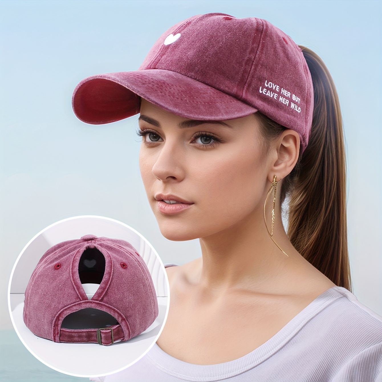 TEMU 1 Women's Embroidered Ponytail Baseball Cap With Heart And Letter Embroidery Design, A Breathable And Lightweight Spring/summer Snapback Hat