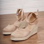 sandalias de cuña con correa en el tobillo para mujer, color negro, punta redonda y de cuerda - zapatos elegantes para vacaciones en , calzado de | correa delgada al tobillo | tejida de cuerda
