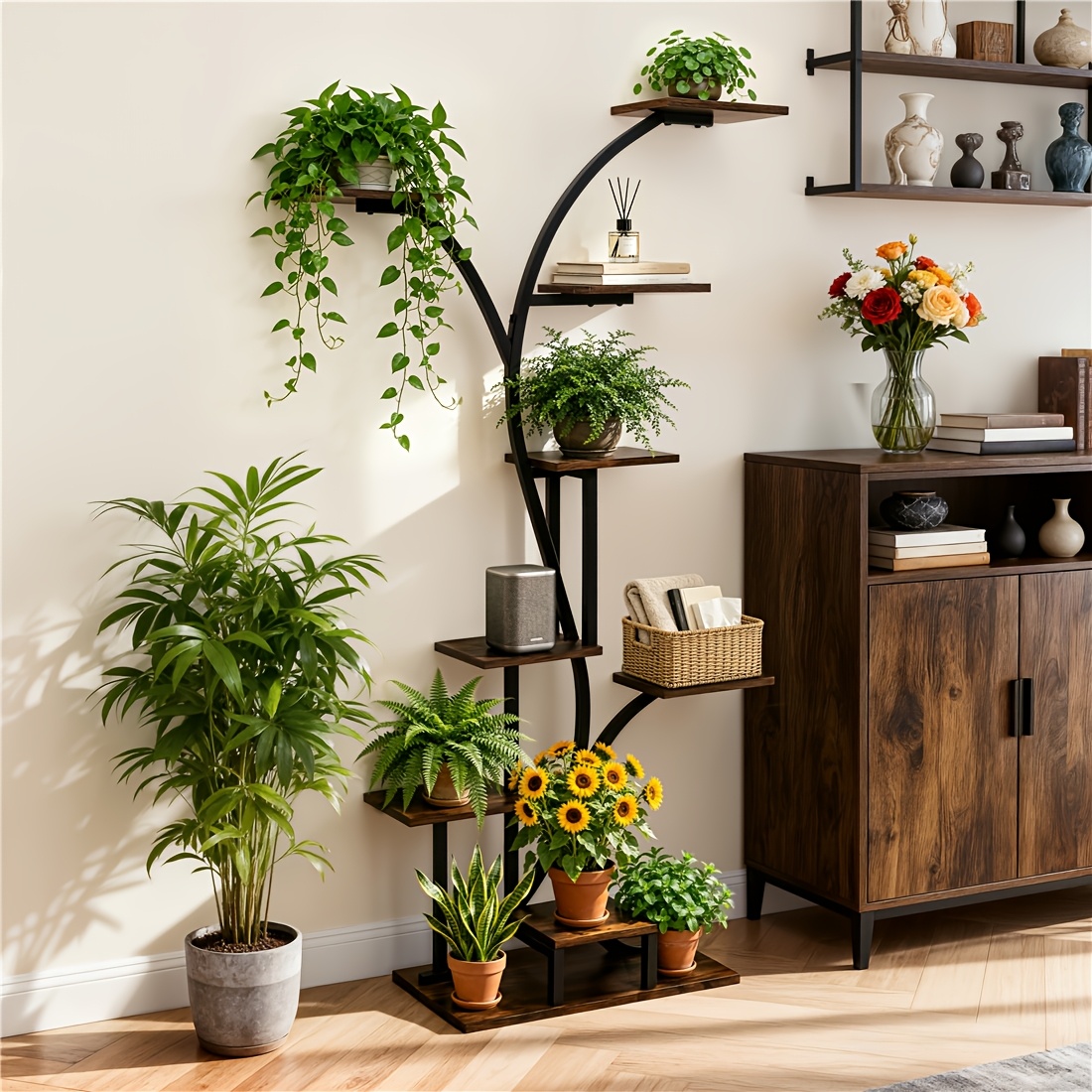 Indoor 9-tier Curved Plant Stand, Tall Metal And Wood Indoor Plant Shelf With Unique Arched Design, Multi-tier Flower Pot Holder Rack, 165cm Tall For Living Room, Balcony, And Garden