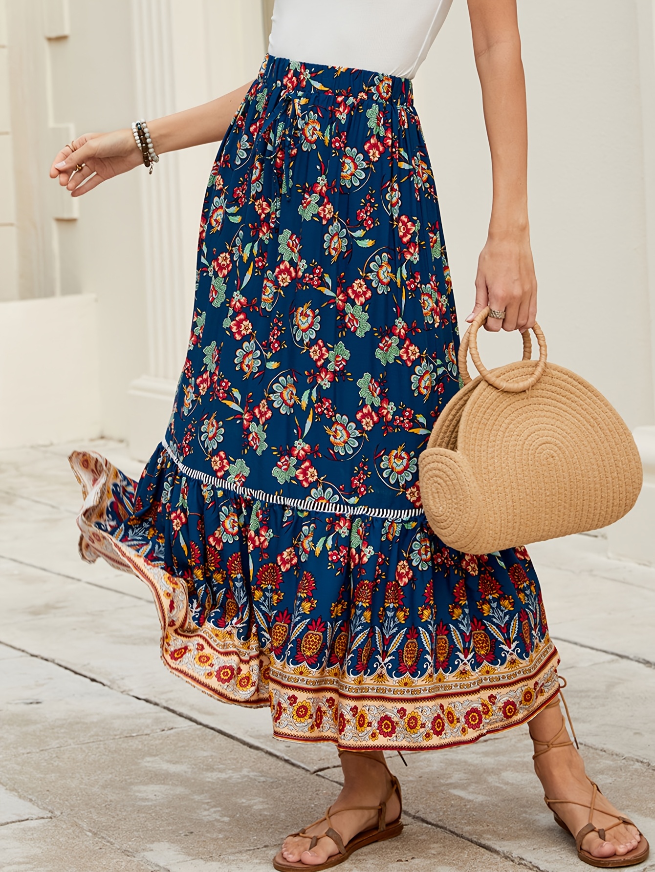 Bohemian Floral Print Viscose Maxi Skirt Orange with Decorative  Fringe, Flowy A-Line Half Skirt for Beach Vacation, Spr