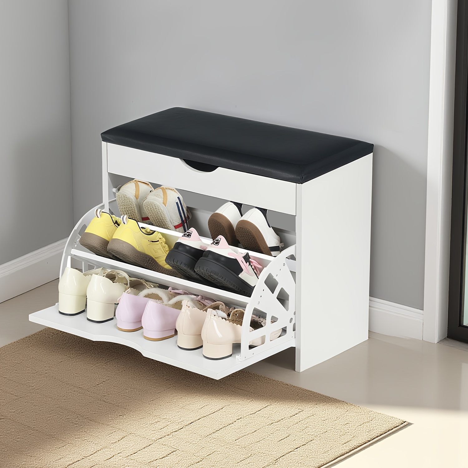 Shoe Storage Bench, 3 Tiers Shoe Rack Shoe Cabinet With Flip-up Padded Seat, Hidden Storage For Living Room Lounge Hallway Bedroom