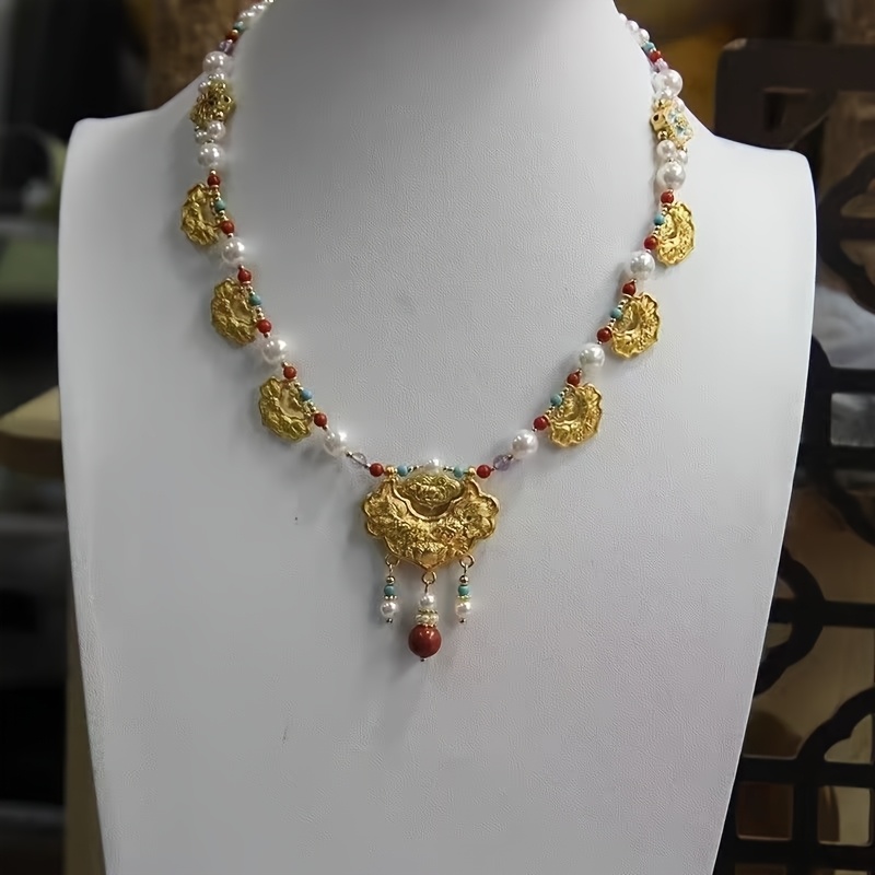 TEMU Collier de style chinois et de avec koï dorée sable vintage Z110
