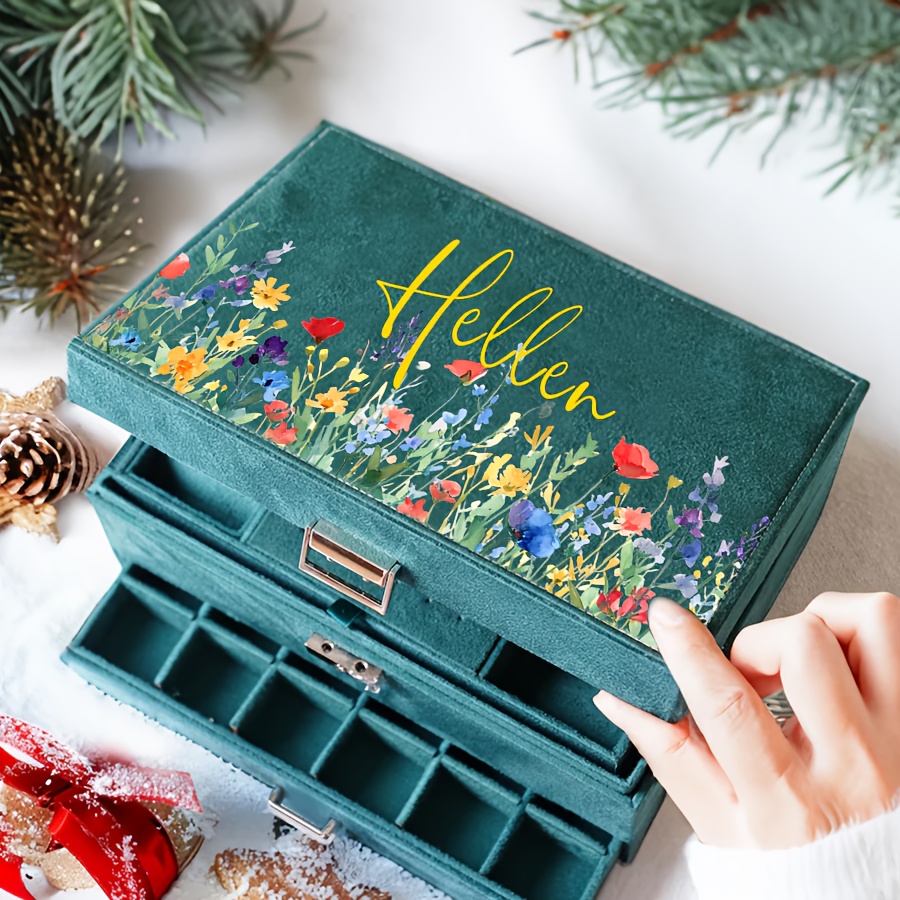 

Personalized Vintage Velvet Jewelry Box With - Custom Name "" In Golden Script, Green Felt & Pink Lining, Perfect Valentine’s Day Gift For Her, Large Jewelry Organizer With Drawers, Jewelry Gift Box