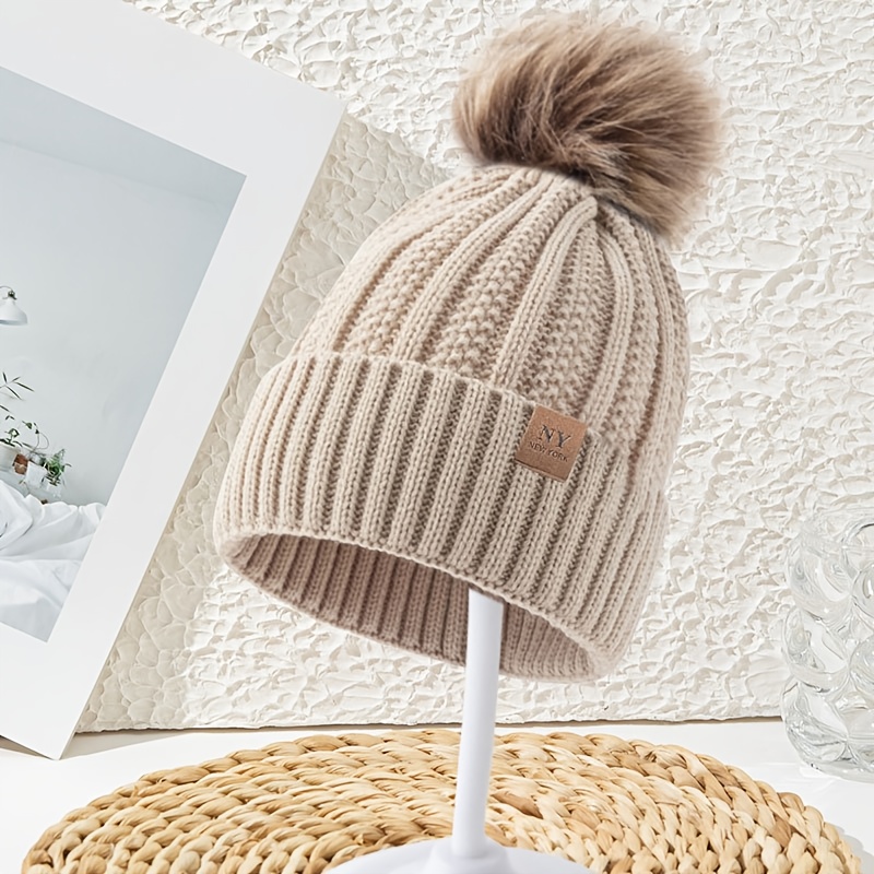 Women's Hat Wheat Earball Rolled Edge Cap Women's Warm Hat Women's Winter New Pullover Hat Thick Warm Hat Large Head Ear Protection Pom-pom Hat