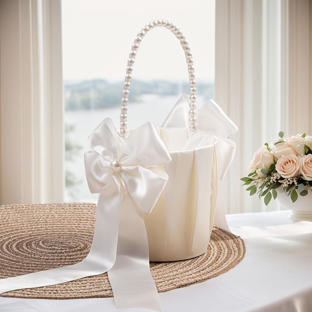 TEMU 1pc Modern White Polyester Pearl-handled Flower Basket With Satin Ribbon Bows - Foldable Wedding & Valentineâs Day Decor, Versatile Event Party