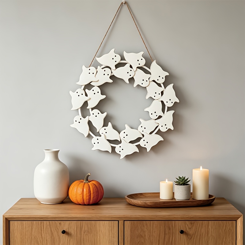 TEMU 1pc, Halloween Wooden Wreath Tag, Cute White -shaped Round Hanging Wreath, Farmhouse Style, Front Door Porch Home Wall Party Decoration, Novelty