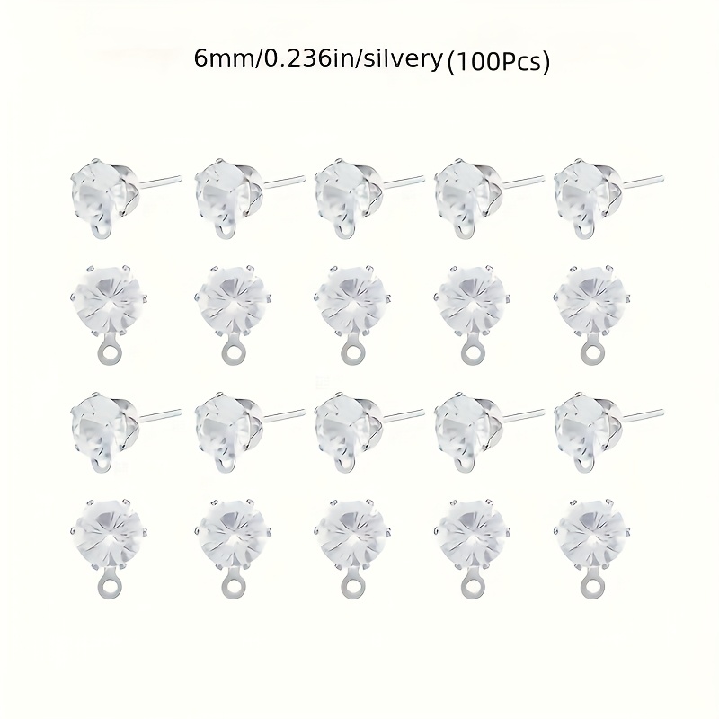 100pcs 6mm Earring Studs Glass Post With Loop Suitable For Making Supplies