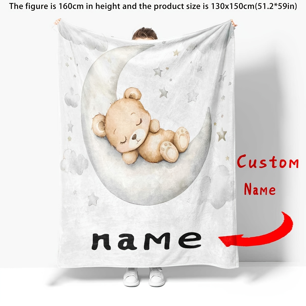 

1pc Custom Name Bear Pattern Flannel Blanket, Style, Hypoallergenic, Tear Resistant, Lightweight , , Knit Fabric, Polyester, For Bed, Sofa, Gift, Camping, Travel - 250-300 Gsm