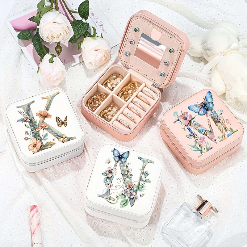 Floral Letter Personalized Mini Travel Jewelry Storage Case - Portable Jewelry Organizer Box with Compact Design, Soft Velvet Interior, And Secure Closure - Perfect for Women On-The-Go, Travel, And Storage of Small Additions
