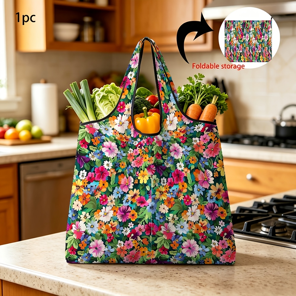 TEMU 1pc Reusable Grocery Bags Colorful Floral Printed Foldable Large Tote Bag For Shopping And Grocery Storage