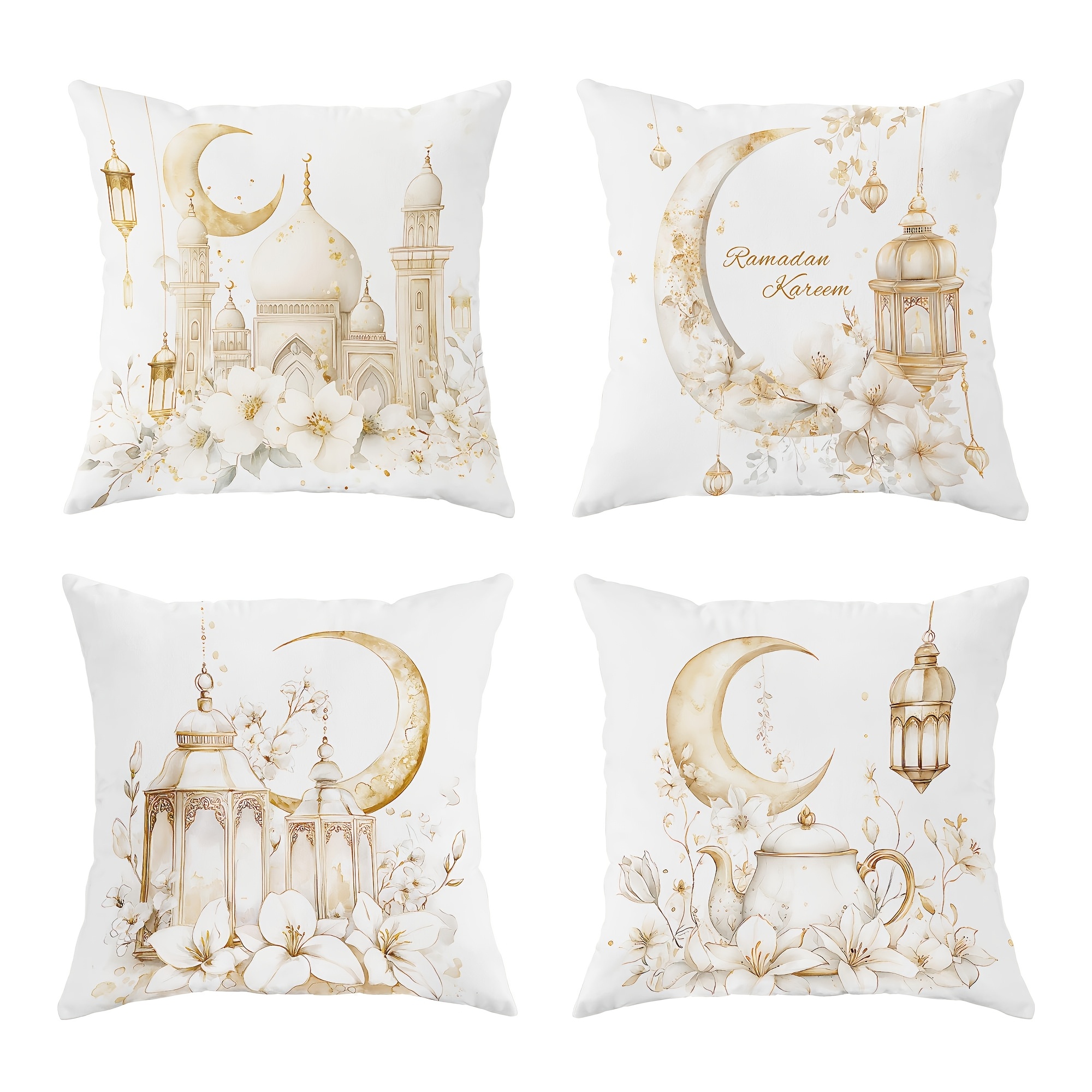 

4pcs Ramadan Party Décoration Lampe Lanterne Étoiles Couvre-oreiller Floral Blanc Or Velours Confortable Taies D'oreiller Unilatéral pour Eid Salon Chambre Canapé Lit Décor Inserts D'oreiller