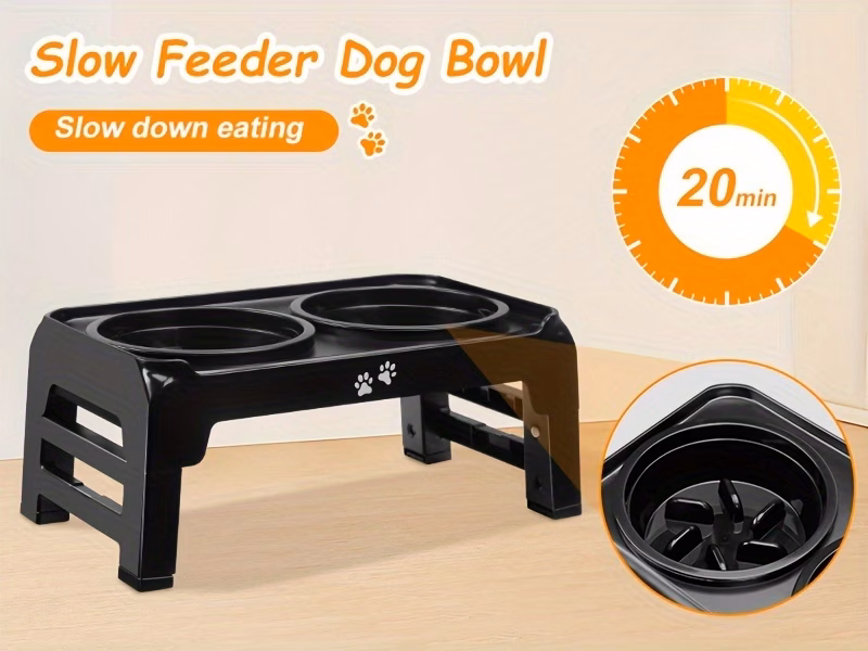 elevated dog bowls 3 height adjustable raised dog bowl with slow feeder bowl and water bowl adjusts to 2 75 6 7 5 for small dogs black gray Product details 6