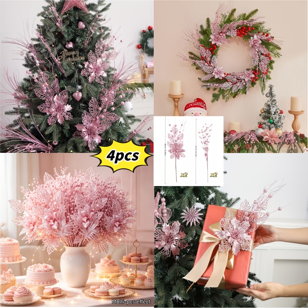 TEMU 4pcs Set Of Realistic Glitter Bead And Glitter Bouquet - 2pcs Flower Sticks And 2pcs Beads, Christmas Tree Decoration Set, Pink Artificial Shiny