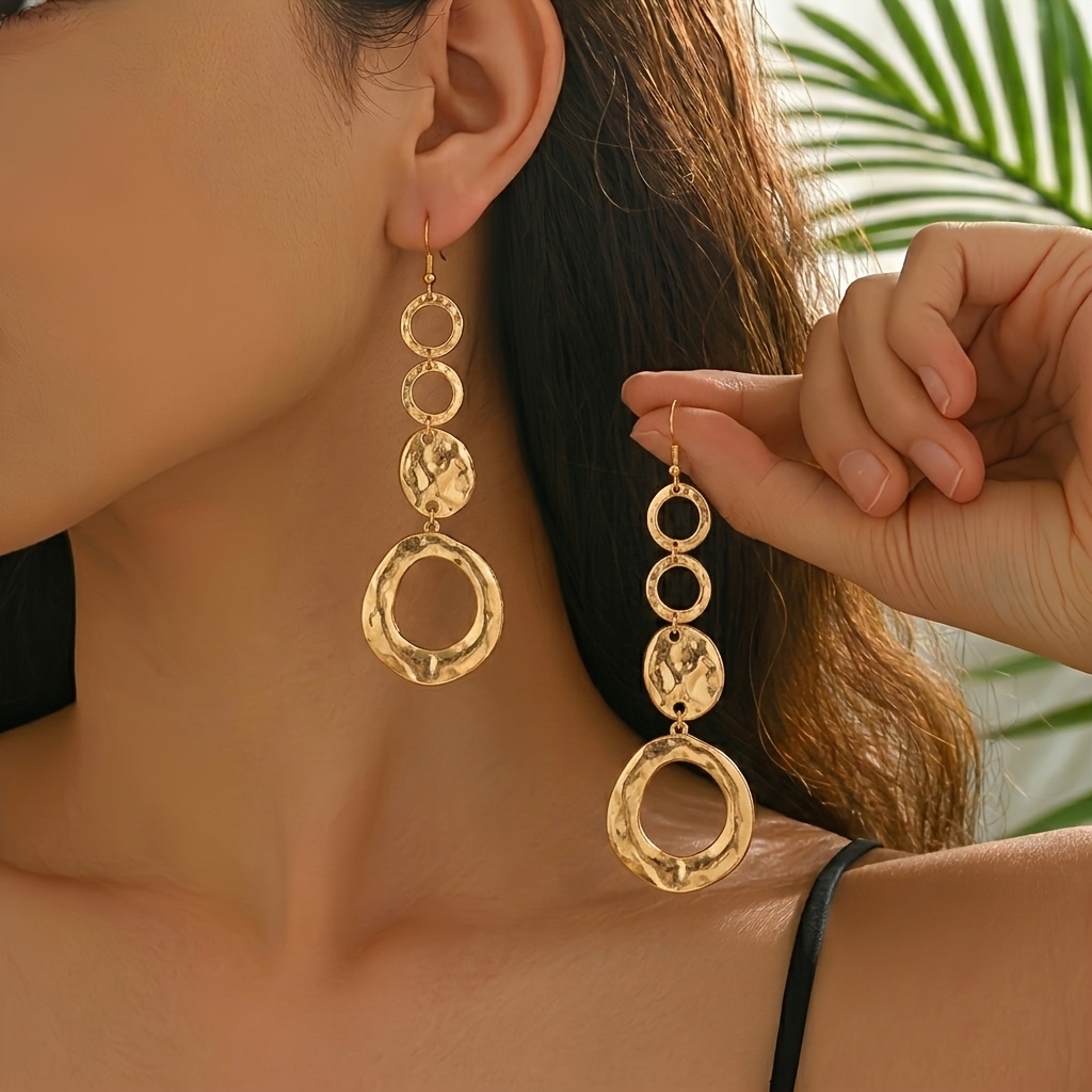TEMU 1 Pair Golden Geometric Hollow Pendant Earrings, Retro Light , 4 Different Sized Rings And Irregular Oval Rings Layered , Suitable For Women And