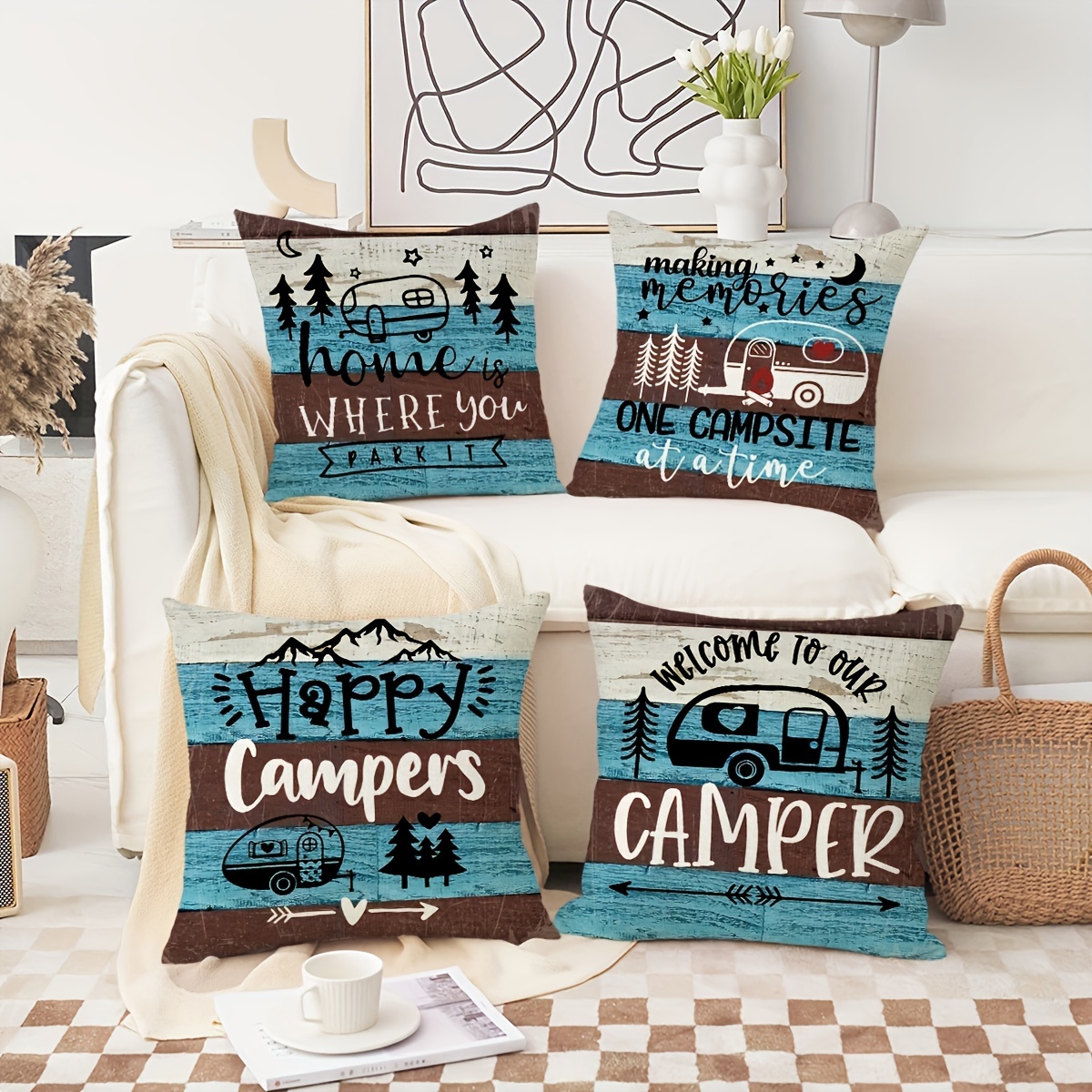 

4pcs Welcome To Our Camping Print Throw Pillow Covers, Contemporary Decorative Cushion Cases, Machine Washable, Zipper Closure, 18x18 Inches, With For Sofa, Bed, Car, Living Room, Outdoor Decor