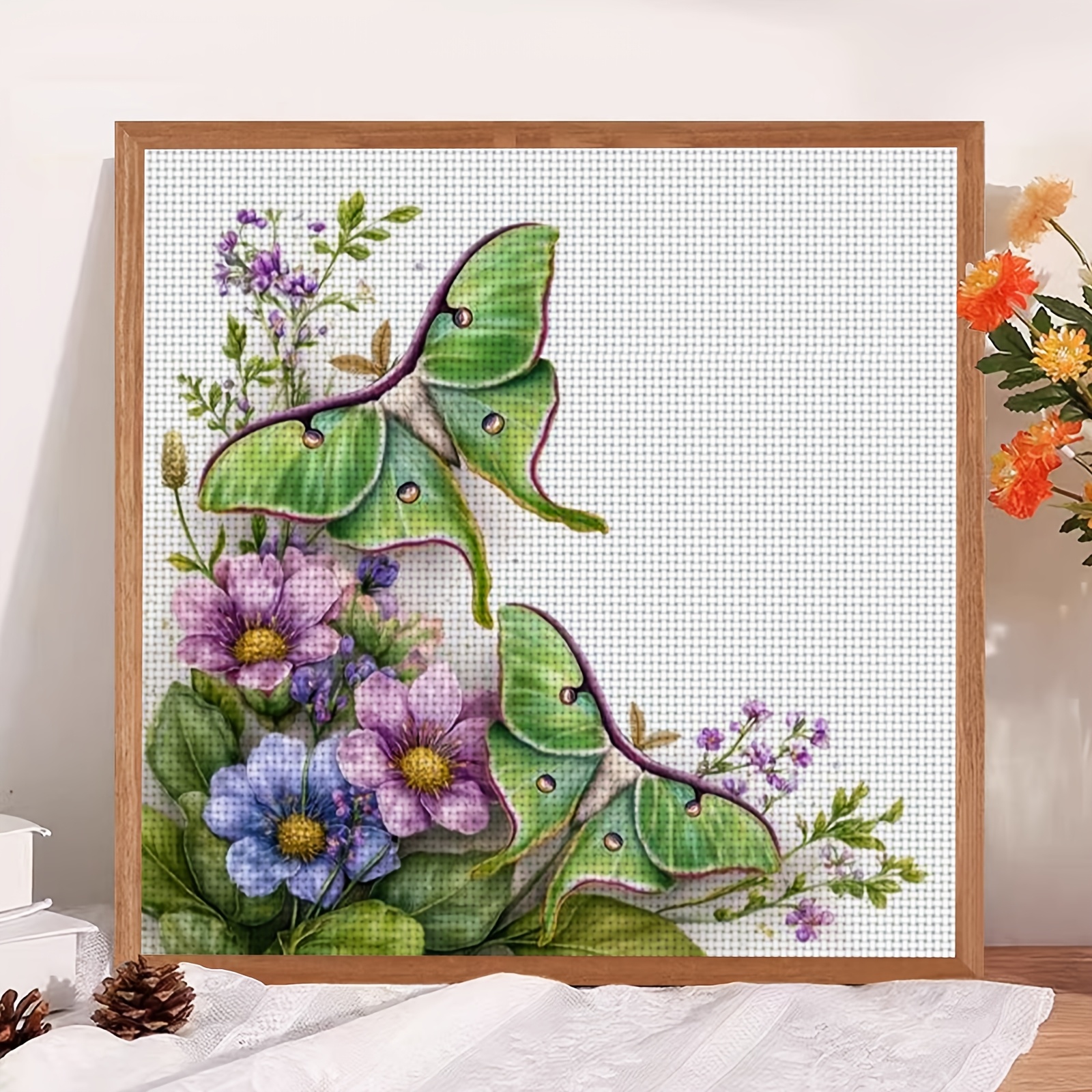 Cross-Stitch Printing Kit, Double Green Moth Flower Cluster Design