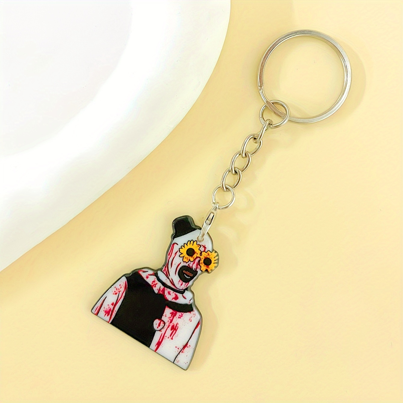 

Punk Cartoon Man Acrylic Keychain With Floral Glasses And Blood Detail - Single Piece Quirky Bag Accessory Car Backpack Charm - Women's Key Ring With Ring Buckle - Unique Gift For Friends