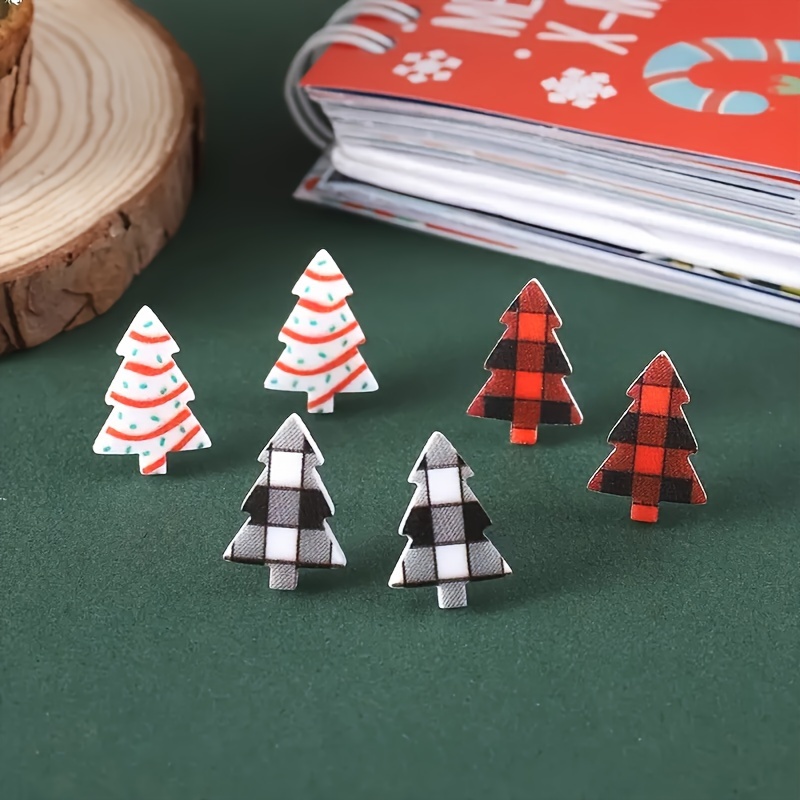 

Pairs Of Christmas Personality Grid Pattern Fashion Printed Christmas Tree Cute Cartoon Women's Ear Stud Set