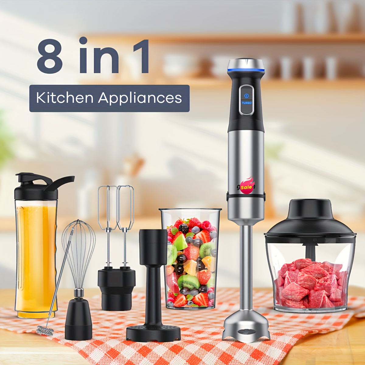 TEMU Handheld Blender Heavy-duty Motor, 16 Speed Handheld Blender Stainless Steel Sitck Blender, 8 Parts Included
