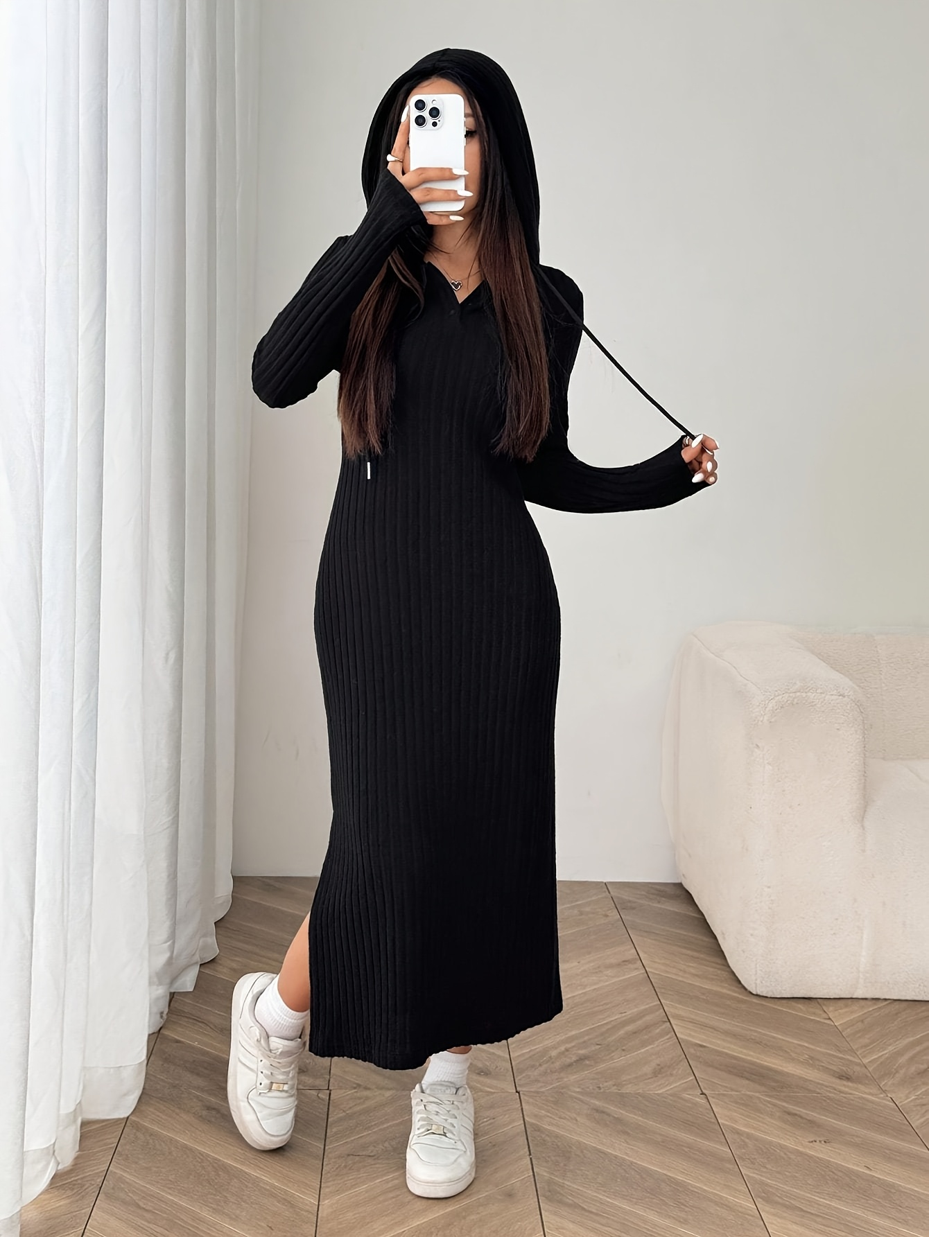 womens winter long maxi dress hooded v neck line silhouette - Temu Mauritius