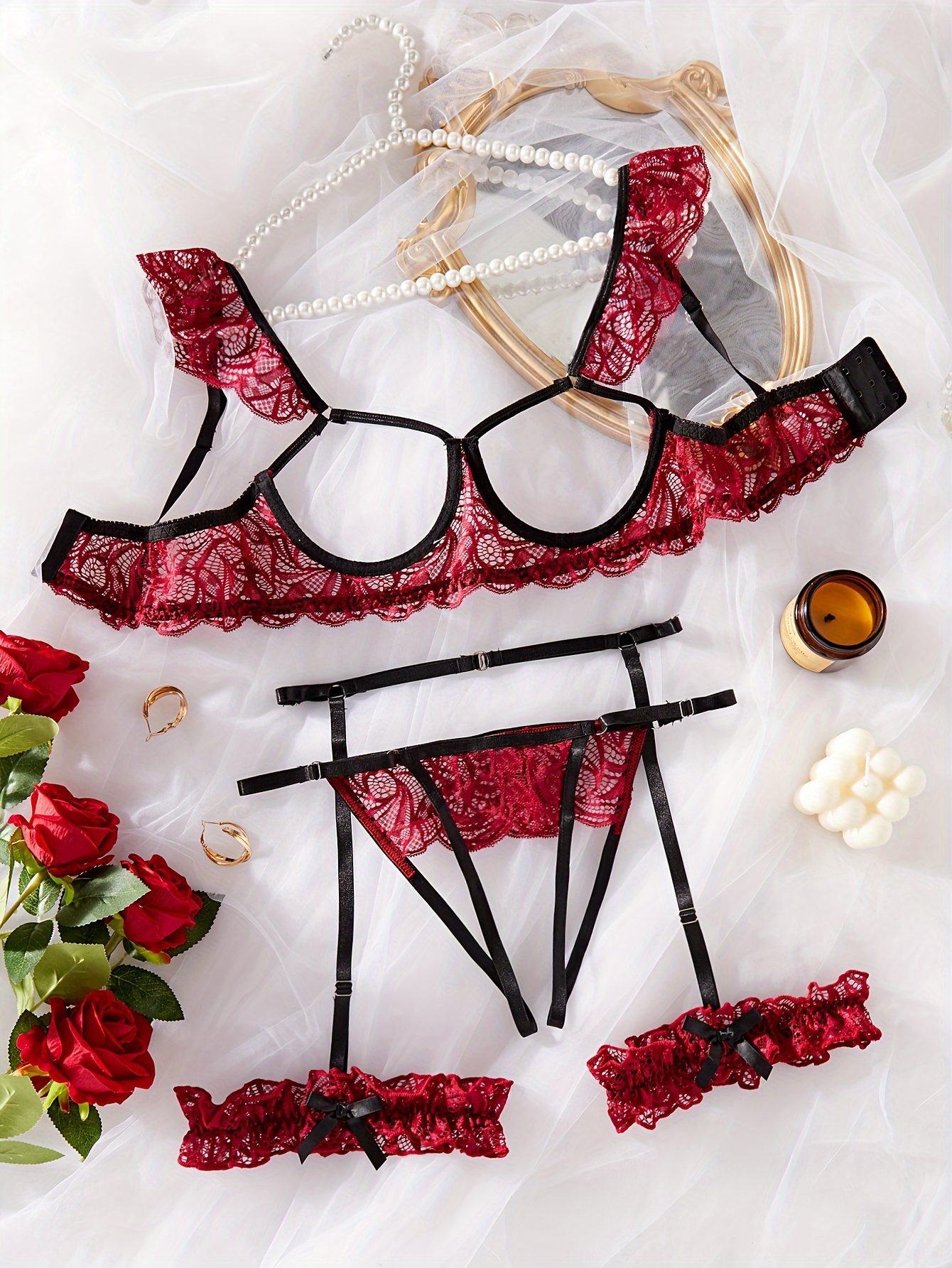 Valentine's Day Lace Mesh Lingerie Set, Open Bust Split Slip Dress & Thong,  Women's Sexy Lingerie & Underwear