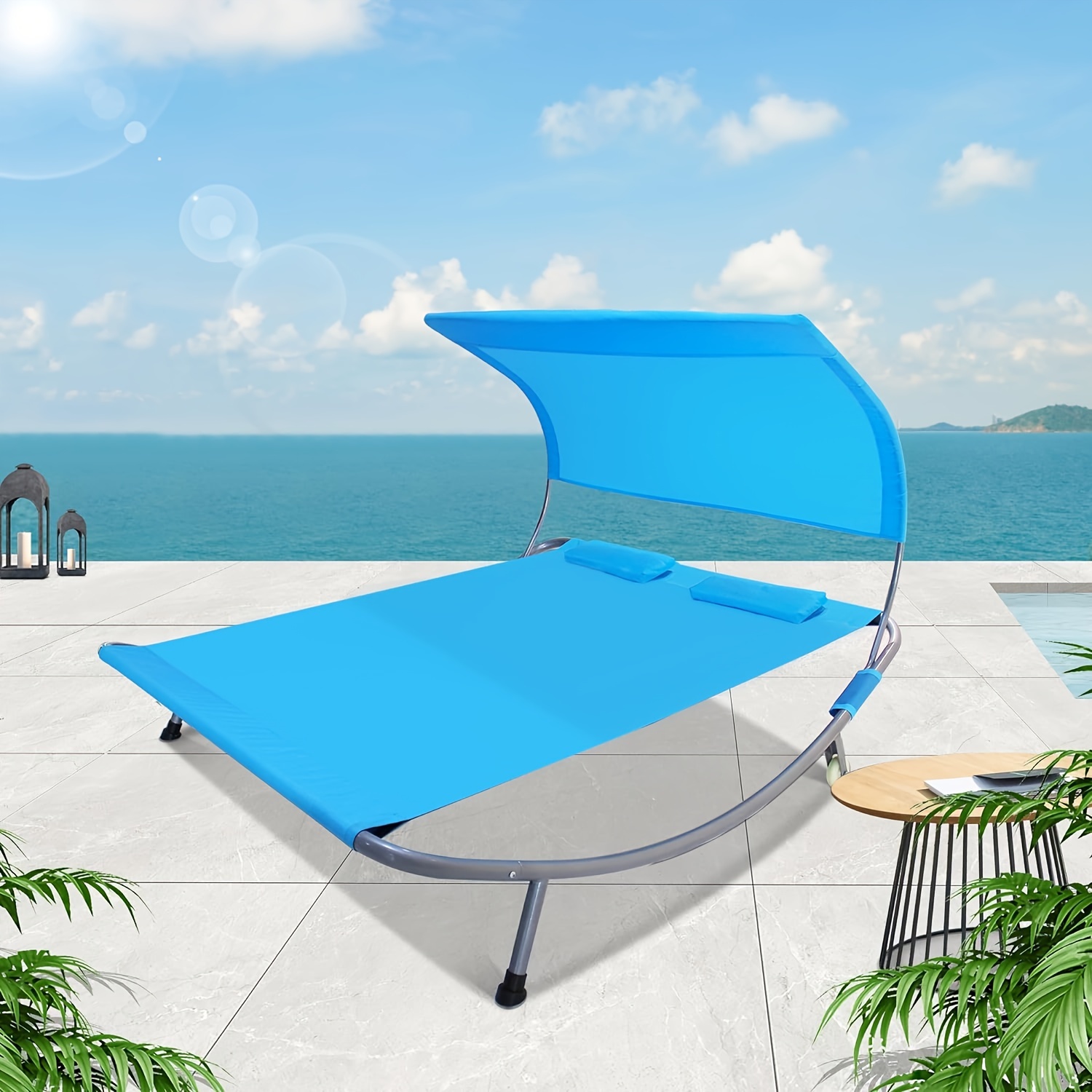 

Double Chaise Lounge Bed Outdoor With Canopy, Headrest Pillow And Wheels, Protable Outdoor Lounge Chair For Pool, Beach, Backyard, Lawn, Garden