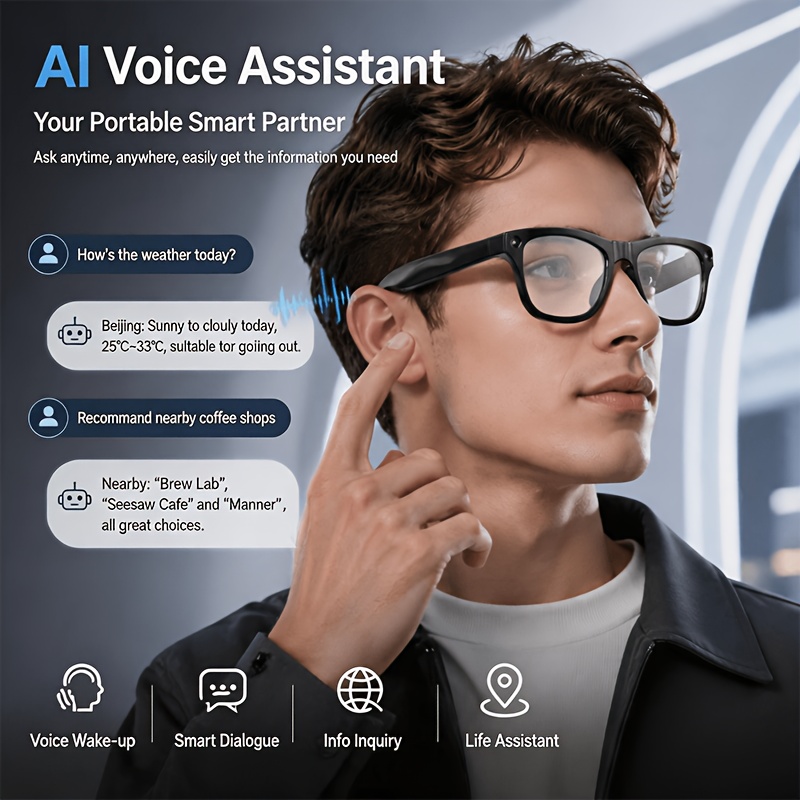 Budget Wearable AI Eyeglasses with Camera Flashlight, Instant Multi-Language Translation, Touch Control, Voice Assistant for Call, Music And Video Record