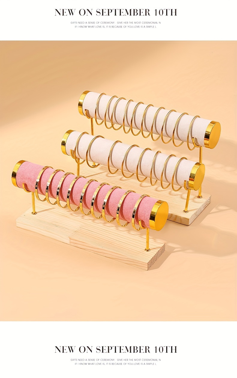 Multi Tier Jewelry Display Stand With Golden Pipes Heavy Duty Organizer For Bracelets Necklaces Watches Beige   Sturdy New Zealand Pine Wood Base Store   Decor   Shelf Store Display Rack Sophisticated Design Metallic   Rack Details 0