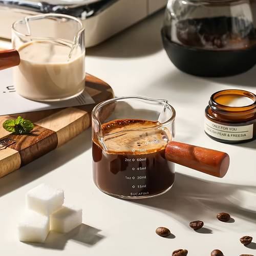 set of 2 high borosilicate glass mini coffee cups small milk cups espresso measuring cups latte cups featuring a slanted spout design reusable durable and easy to clean suitable for holding coffee milk juice sauce honey etc