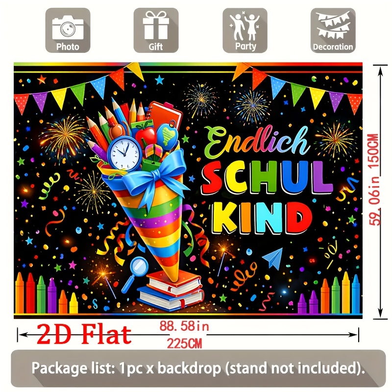 TEMU 2d Flat, [2d Flat Party Banner] 1pc Colorful School - Supplies Cone With Clock And Books, Schul Kind Banner Backdrop In Multiple Sizes Ideal For