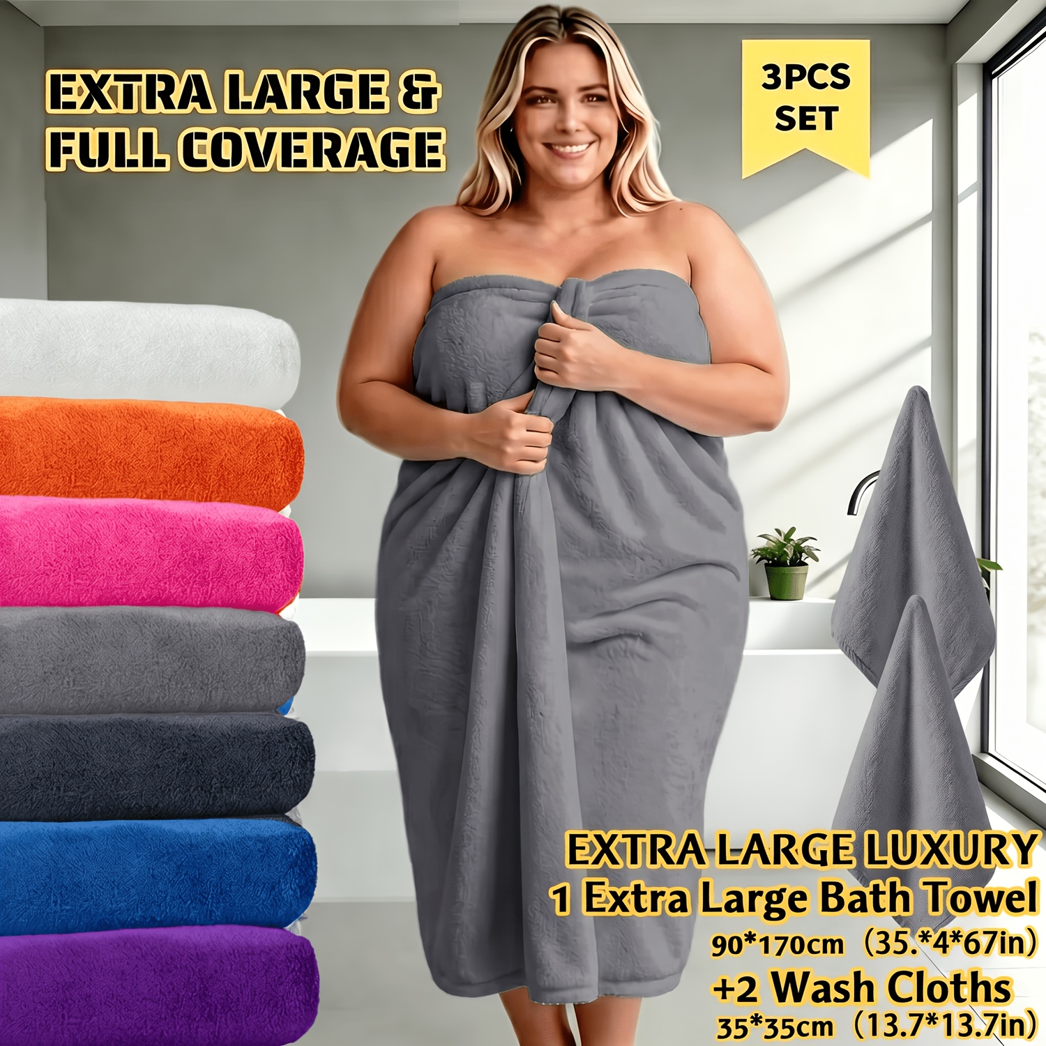 TEMU 3pcs Towel Set, Includes 1pc Extra Largebath Towel (90x170cm) And 2pcs Smalltowel (35x35cm), 3x Faster Absorbent, Fluffy , -perfect Forcurvy