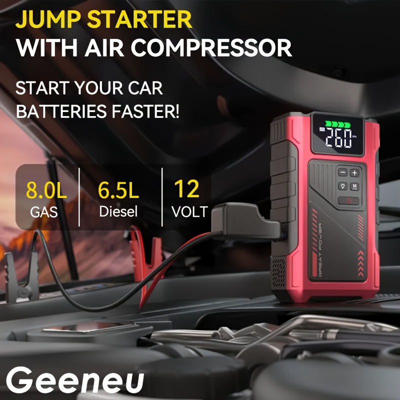 3500a portable wireless car air compressor jump starter with air compressor battery jump starter portable   car battery charger portable for12v 8 0  6 5l diesel start the car quickly usb   led emergency car accessories tools details 2