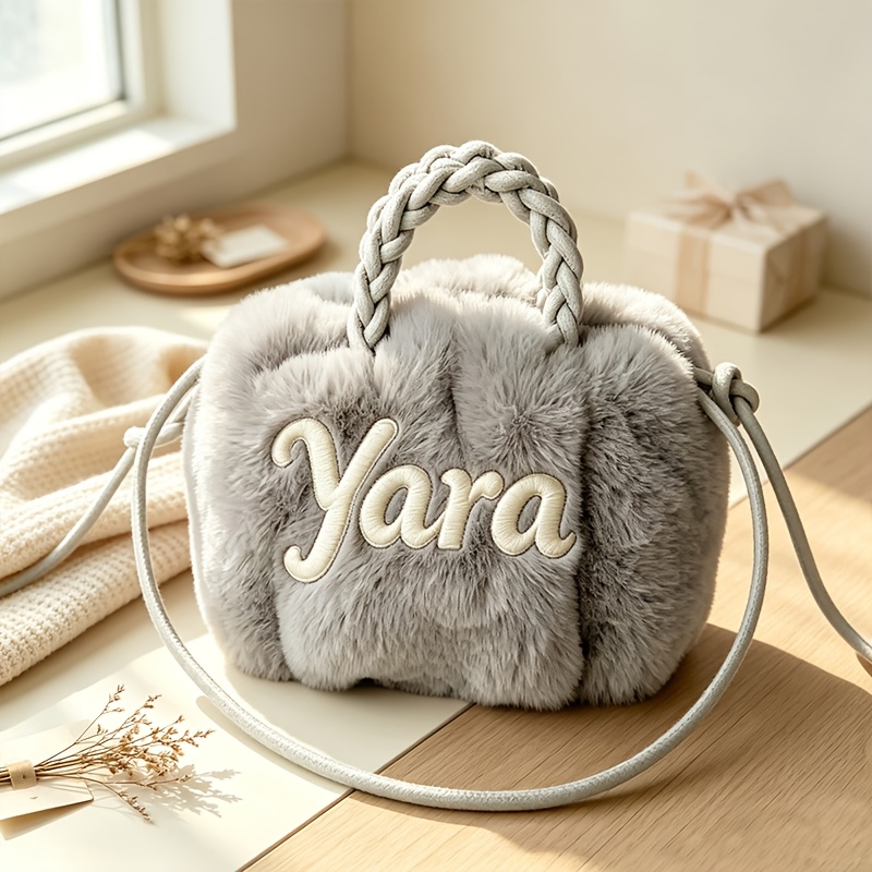 TEMU Autumn Winter Plush Handheld Small Bag, Customizable Name Embroidery, Gentle All-match Crossbody Bag, Women' Gift, Custom Name Plush Bag, Winter