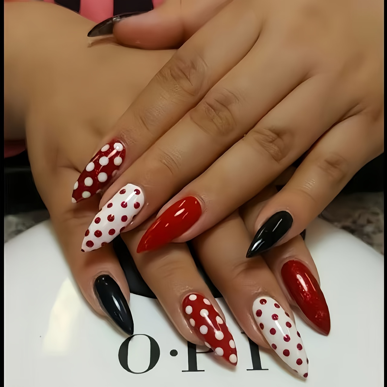 TEMU 24pcs Set Nail Red Black White Polka Dot Press-on Nails Retro Extra Long Pointed Nails Removable Nail Stickers Medium Length Water Drop Shape