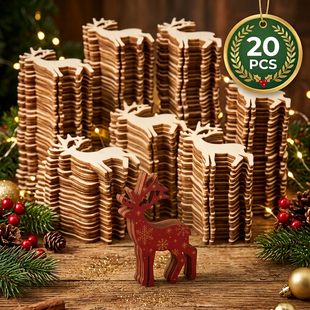 TEMU 20pcs Set Of Wooden Christmas Small Plum Deer-shaped Wooden Ornaments, Reindeer-shaped Decorations, Suitable For Handcraft Painting Decoration,