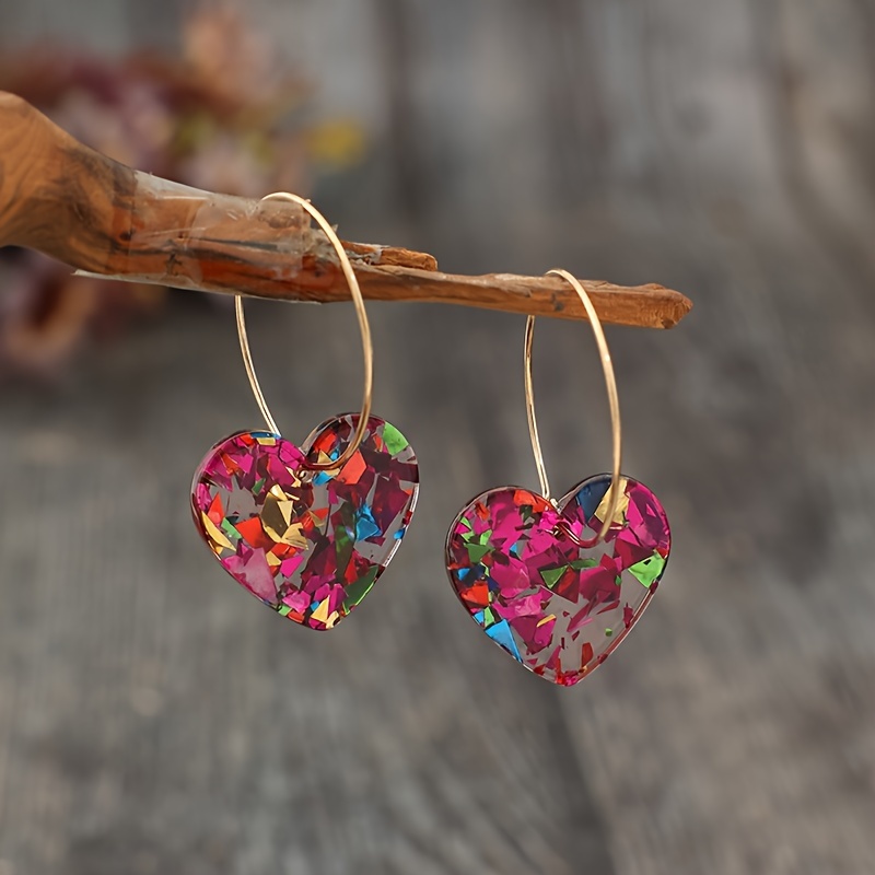 

1 Pair Vintage Style Resin Heart Earrings With Sequins, Iron Post, Non-feathered, For - All Suitable, Valentine's Day, Celebration, , Bohemia Style