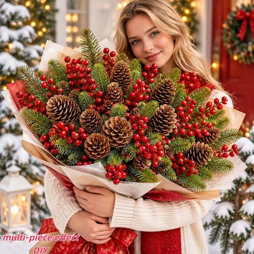 imagem do item conjunto de 18 peças de arranjo floral decorativo de inverno, conjunto de flores artificiais de com vermelhos, pinhas, galhos de , plantas artificiais para decoração /externa de casa e exterior, adequado para arranjos de flores em vaso diy, ornamentos de mesa, varanda
